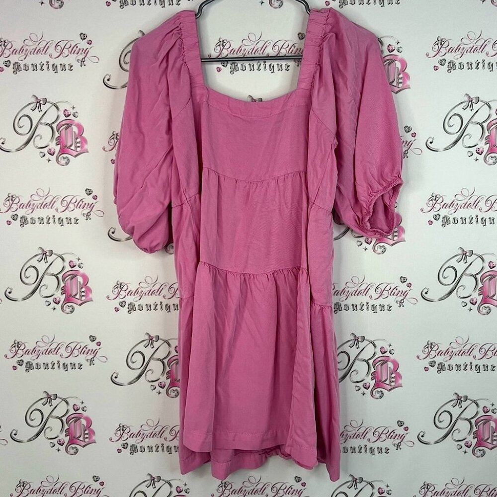 Shinestar Dress tiered ruffle Pink Puff Sleeve Women's midi dress cute milkmaid
